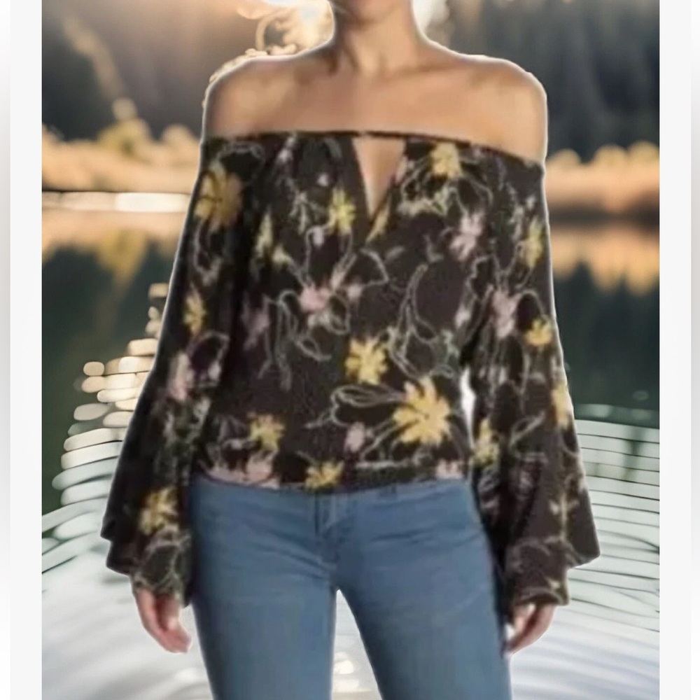 Free People last time Black floral polkadot wrap front Off-Shoulder blouse small